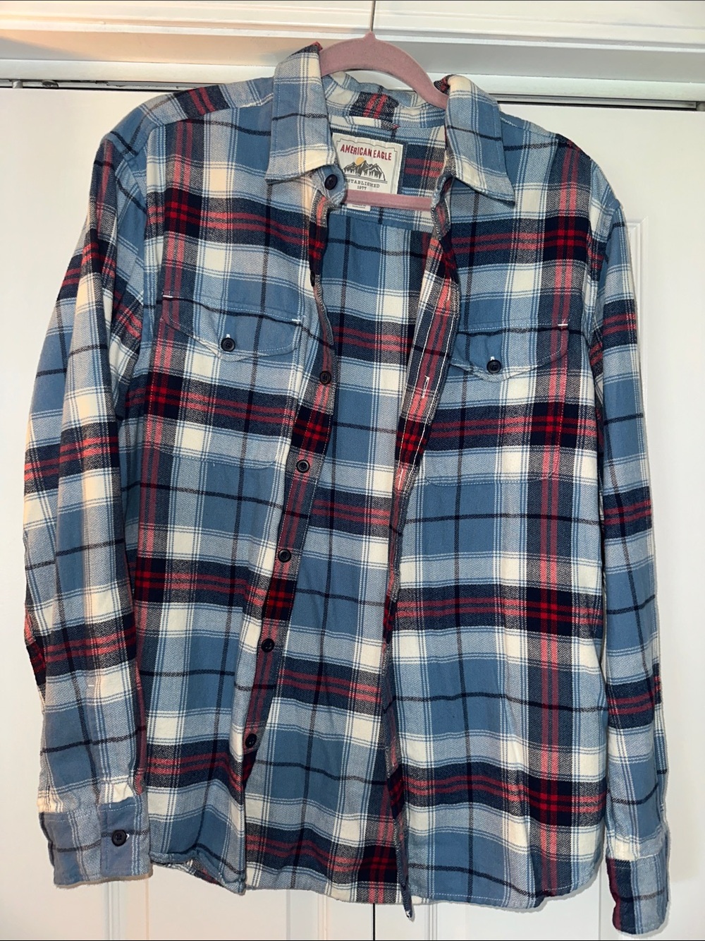 American Eagle Outfitters Blue and Red Plaid Button-Down Shirt